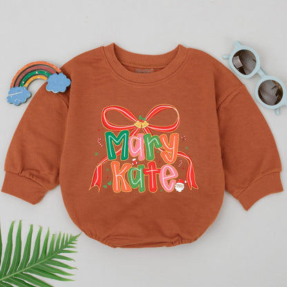 Mary Kate's First Christmas Romper: Personalized Name Bodysuit with Festive Bow & Bells, Winter Holiday Baby Outfit, Xmas Gift, Shower Present (139 chars)