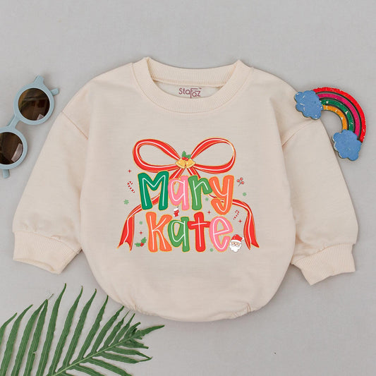 Mary Kate's First Christmas Romper: Personalized Name Bodysuit with Festive Bow & Bells, Winter Holiday Baby Outfit, Xmas Gift, Shower Present (139 chars)
