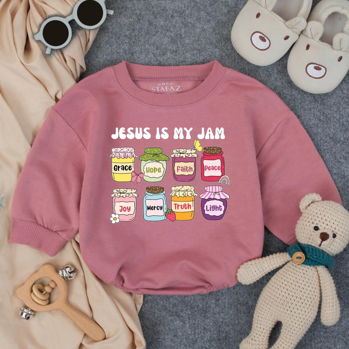 Christian Faith Jar Bubble Romper 'Jesus Is My Jam' Baby Girl Toddler Clothes Religious Gift Newborn Blessing Outfit
