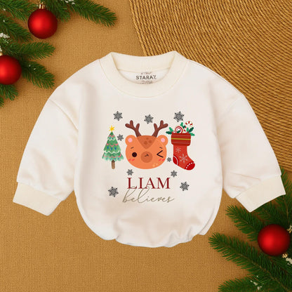 Custom Baby's 1st Christmas Romper Name Outfit, Santa Bubble Xmas Bodysuit, Toddler Girl or Boy Holiday Clothes Gift