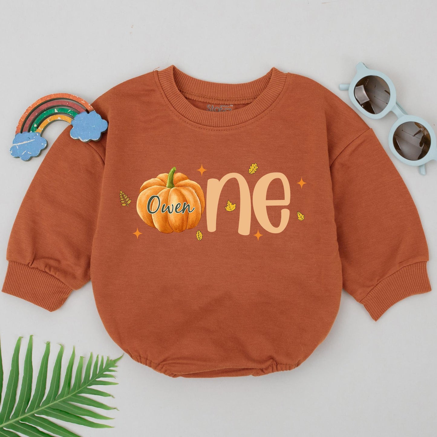 Personalized First Birthday Pumpkin Romper Baby Girl Vintage Fall Thanksgiving Outfit featuring 'Owen' and 'one' Leaves Stars Cute Newborn Gift