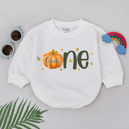 Personalized First Birthday Pumpkin Romper Baby Girl Vintage Fall Thanksgiving Outfit featuring 'Owen' and 'one' Leaves Stars Cute Newborn Gift