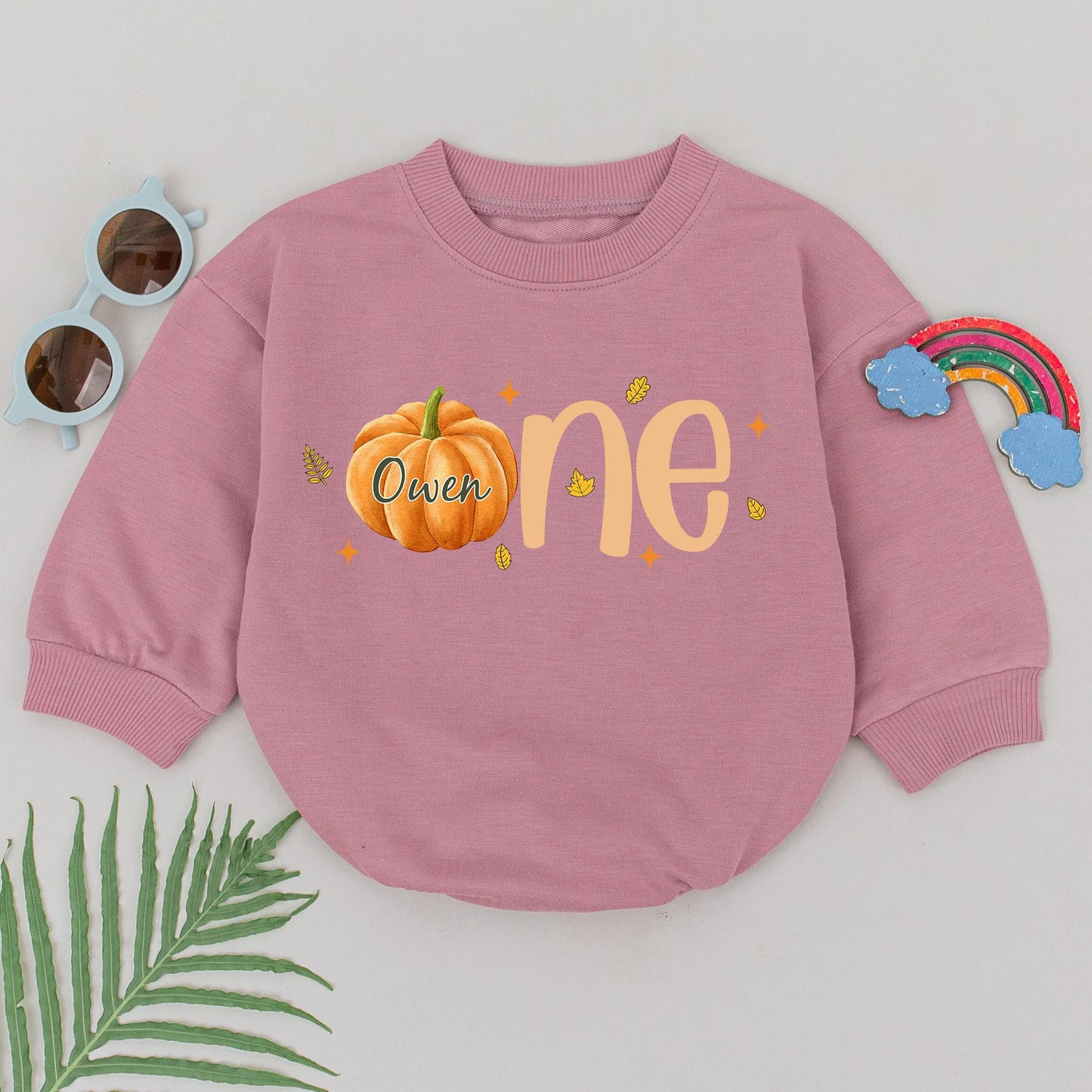 Personalized First Birthday Pumpkin Romper Baby Girl Vintage Fall Thanksgiving Outfit featuring 'Owen' and 'one' Leaves Stars Cute Newborn Gift