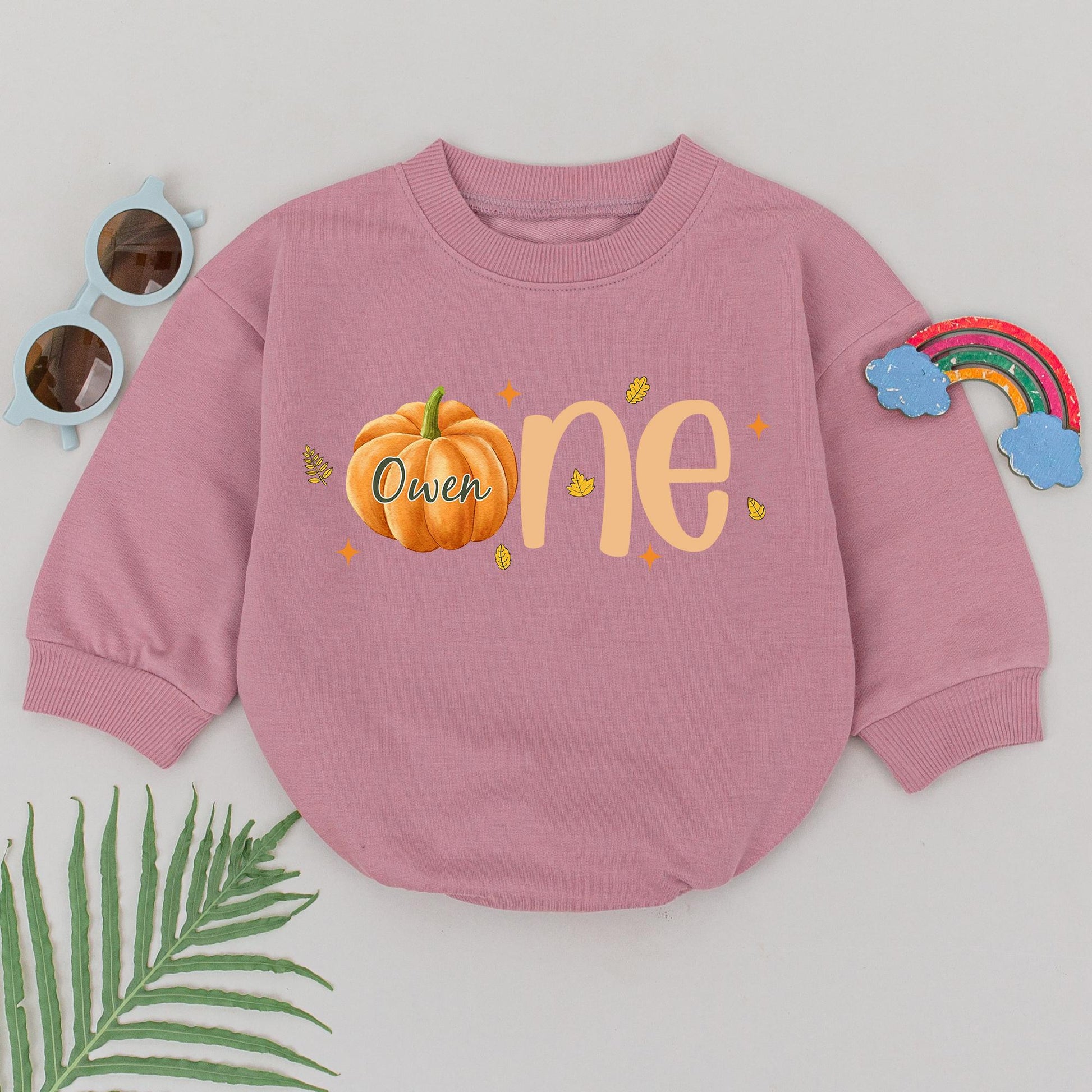 Personalized First Birthday Pumpkin Romper Baby Girl Vintage Fall Thanksgiving Outfit featuring 'Owen' and 'one' Leaves Stars Cute Newborn Gift
