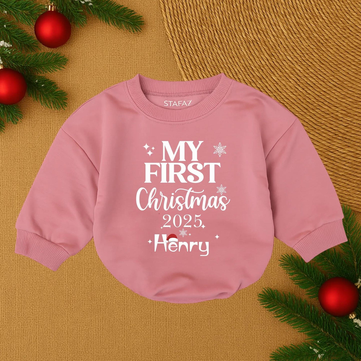 Henry's First Christmas 2025 Baby Bubble Romper Cute Santa Hat Snowflake Stars Personalized Newborn Christmas Boy Outfit Soft Cotton Cozy Festive Holiday Gift