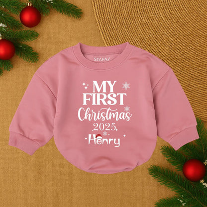 Henry's First Christmas 2025 Baby Bubble Romper Cute Santa Hat Snowflake Stars Personalized Newborn Christmas Boy Outfit Soft Cotton Cozy Festive Holiday Gift