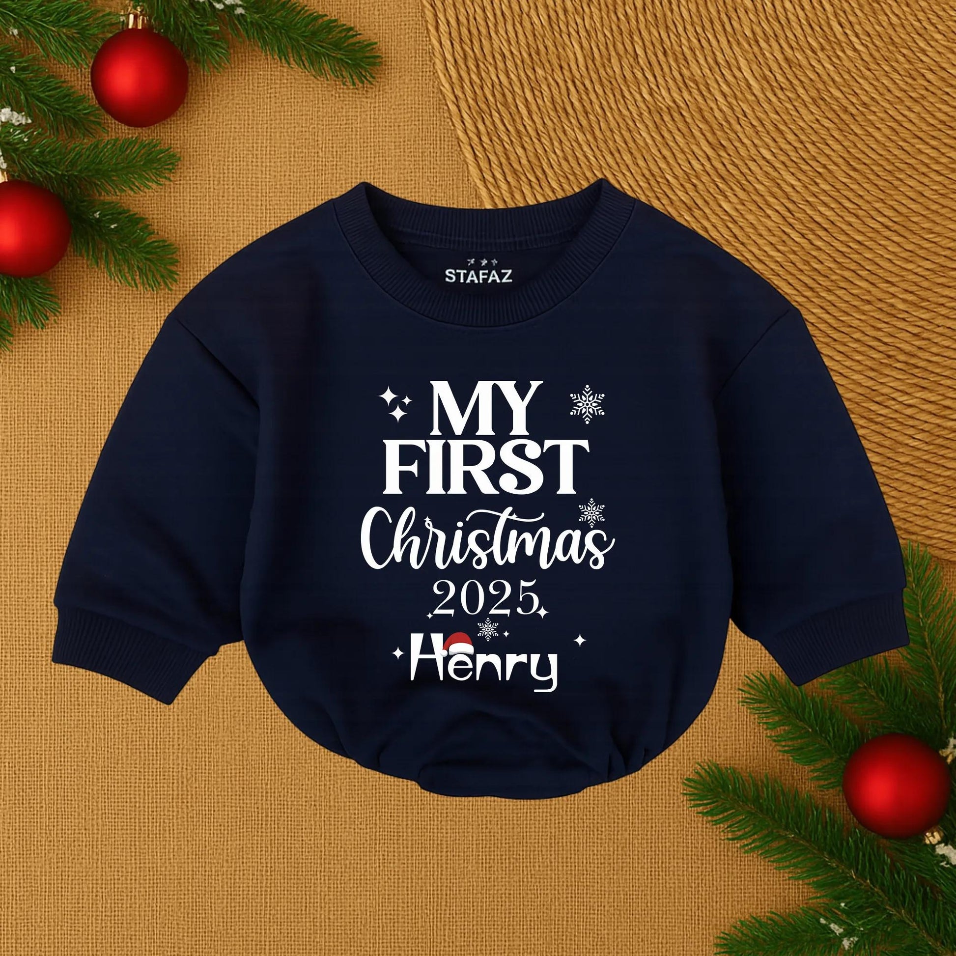 Henry's First Christmas 2025 Baby Bubble Romper Cute Santa Hat Snowflake Stars Personalized Newborn Christmas Boy Outfit Soft Cotton Cozy Festive Holiday Gift