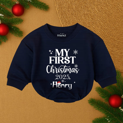 Henry's First Christmas 2025 Baby Bubble Romper Cute Santa Hat Snowflake Stars Personalized Newborn Christmas Boy Outfit Soft Cotton Cozy Festive Holiday Gift
