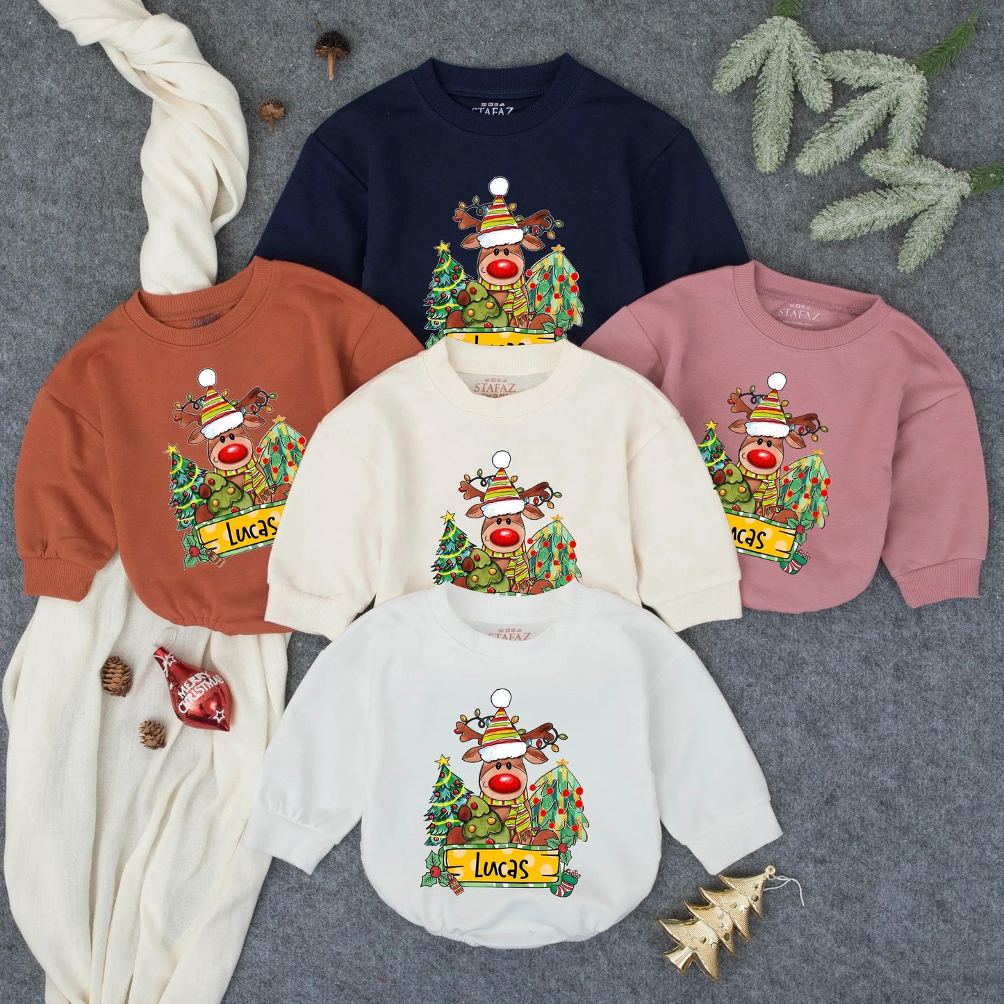 Customized Christmas Boy Reindeer Name Bubble Romper Baby Outfit, Toddler First Christmas Clothes with Festive Striped Hat Antler Lights Holly Design Newborn Winter Gift