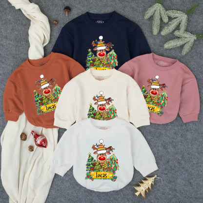 Customized Christmas Boy Reindeer Name Bubble Romper Baby Outfit, Toddler First Christmas Clothes with Festive Striped Hat Antler Lights Holly Design Newborn Winter Gift