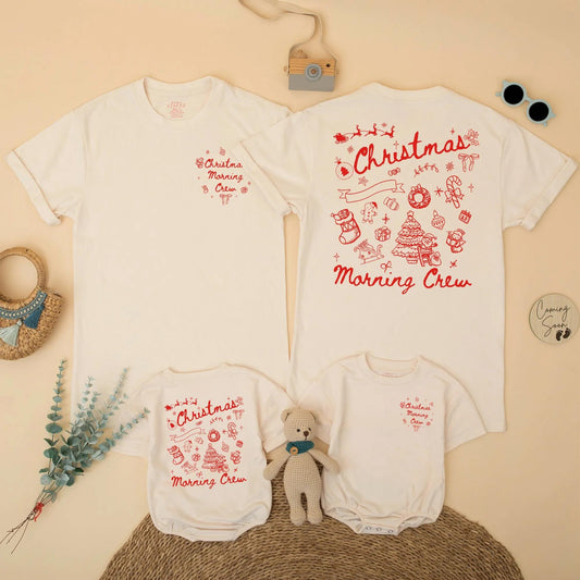 Christmas Morning Crew Matching Family Shirts, Vintage Holiday Outfits, Santa, Xmas Trees & Candy Canes Festive Graphic Tees, Mommy and Me Gift Sets (139 chars)