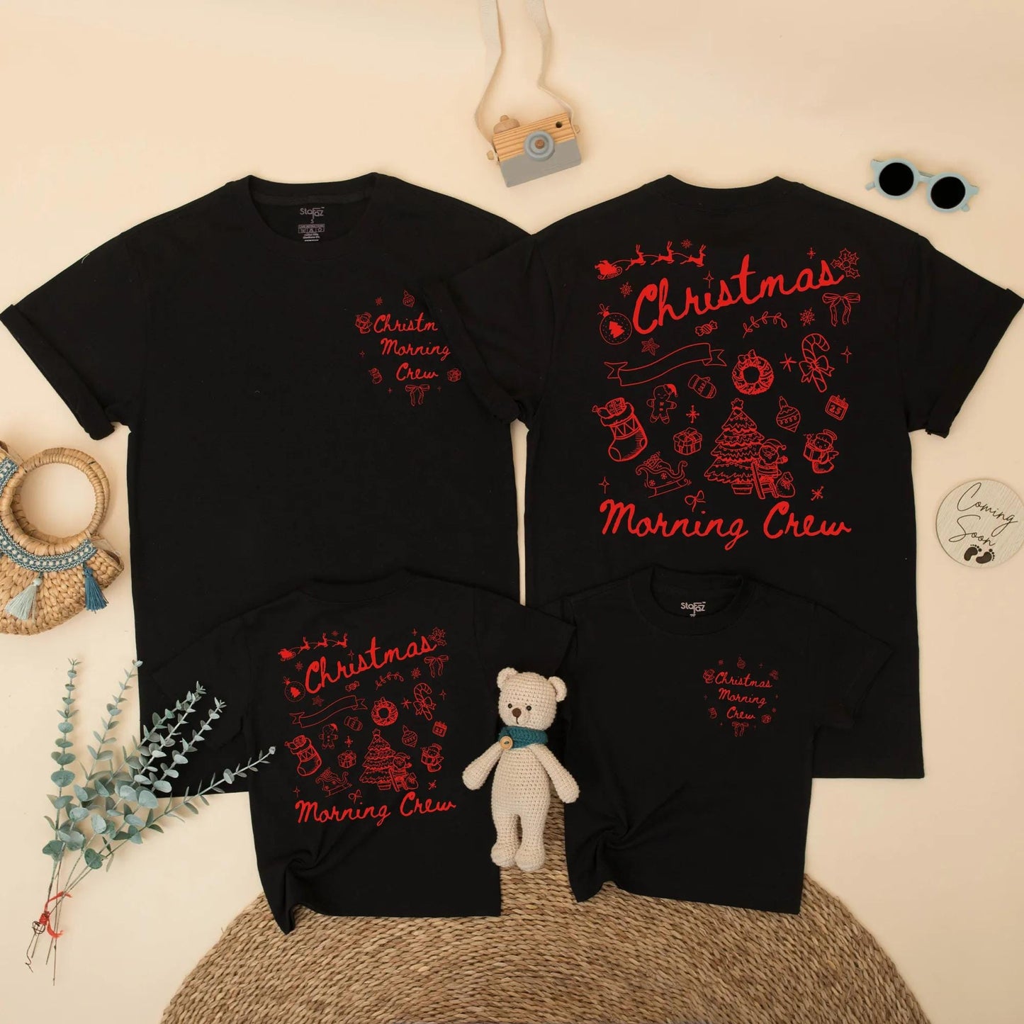 Christmas Morning Crew Matching Family Shirts, Vintage Holiday Outfits, Santa, Xmas Trees & Candy Canes Festive Graphic Tees, Mommy and Me Gift Sets (139 chars)