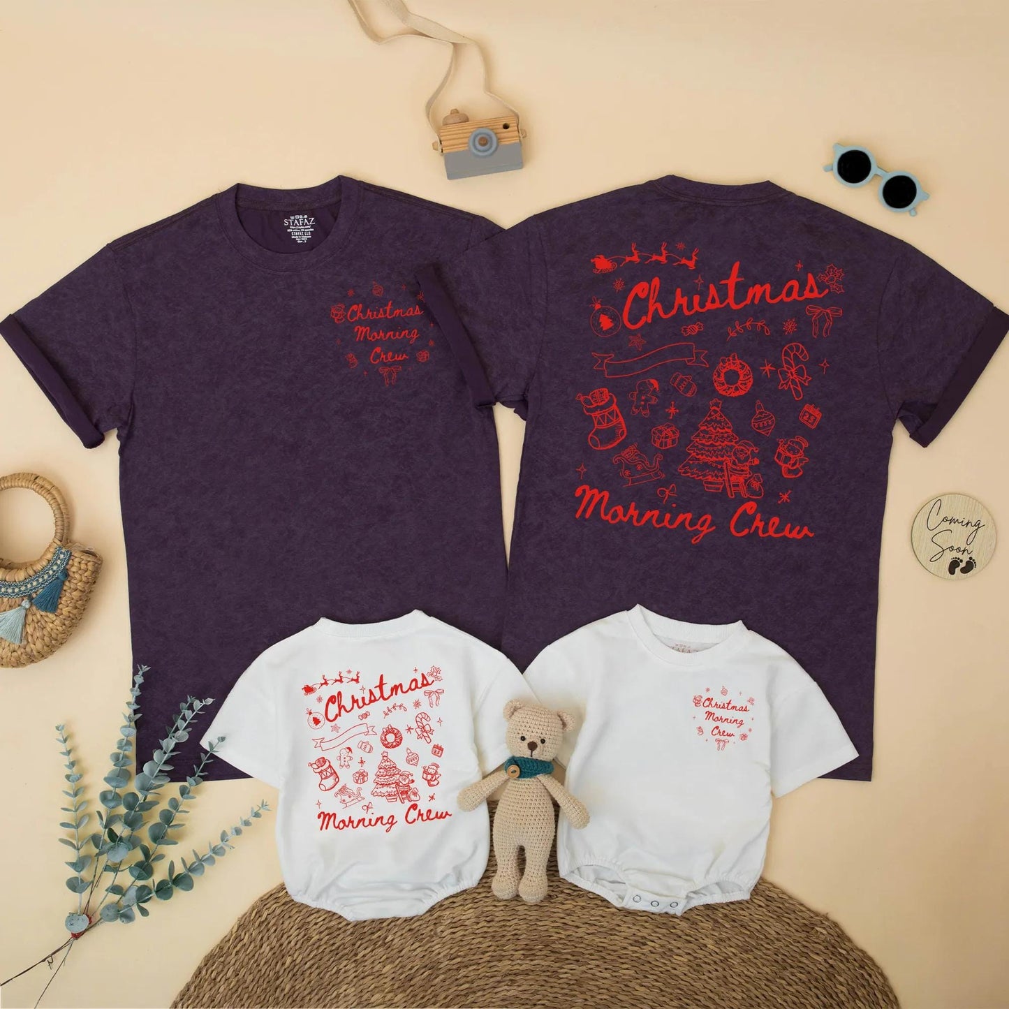Christmas Morning Crew Matching Family Shirts, Vintage Holiday Outfits, Santa, Xmas Trees & Candy Canes Festive Graphic Tees, Mommy and Me Gift Sets (139 chars)