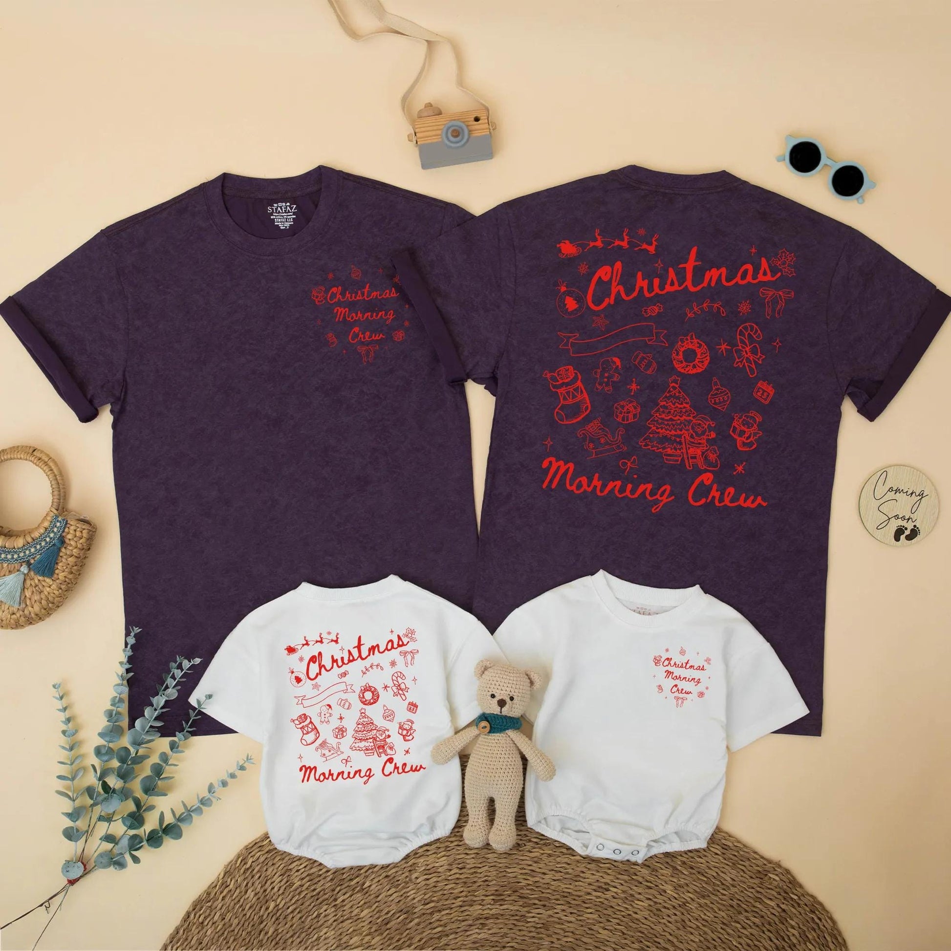 Christmas Morning Crew Matching Family Shirts, Vintage Holiday Outfits, Santa, Xmas Trees & Candy Canes Festive Graphic Tees, Mommy and Me Gift Sets (139 chars)