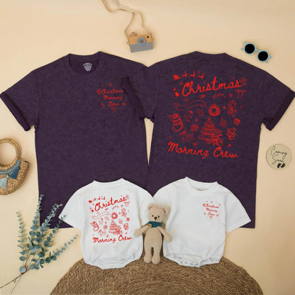 Christmas Morning Crew Matching Family Shirts, Vintage Holiday Outfits, Santa, Xmas Trees & Candy Canes Festive Graphic Tees, Mommy and Me Gift Sets (139 chars)