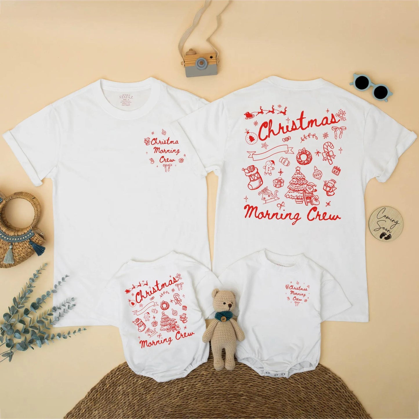 Christmas Morning Crew Matching Family Shirts, Vintage Holiday Outfits, Santa, Xmas Trees & Candy Canes Festive Graphic Tees, Mommy and Me Gift Sets (139 chars)