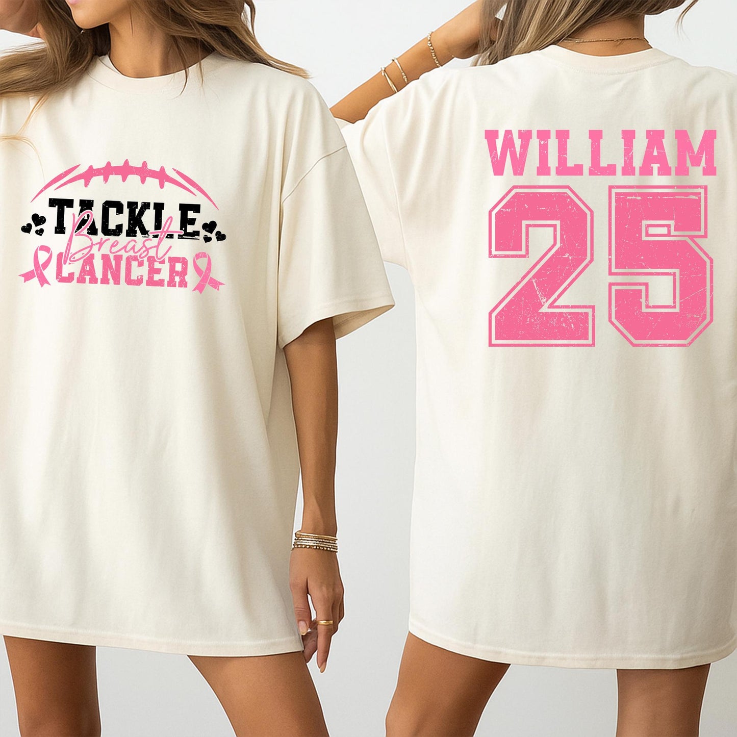 Personalized Name and Number Tackle Breast Cancer Football Awareness Shirt Pink Ribbon William 25 Vintage Style Supporter Warrior Tee Gift
