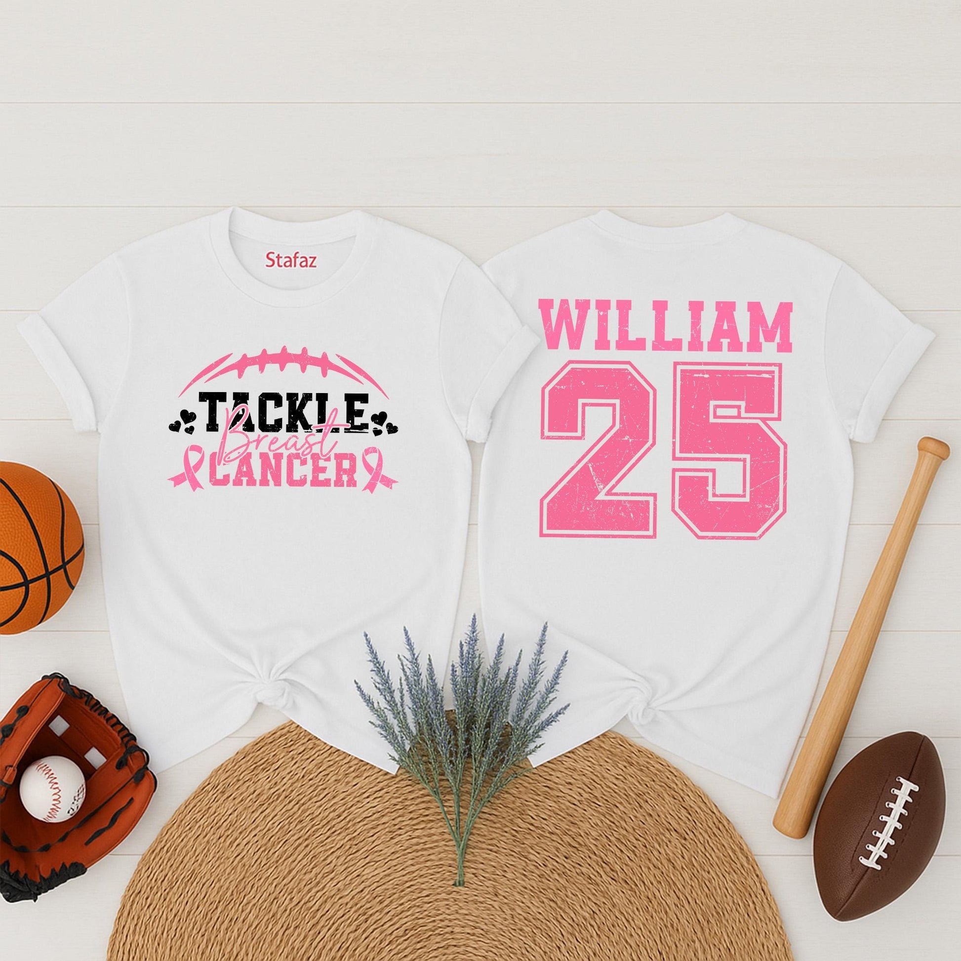 Personalized Name and Number Tackle Breast Cancer Football Awareness Shirt Pink Ribbon William 25 Vintage Style Supporter Warrior Tee Gift