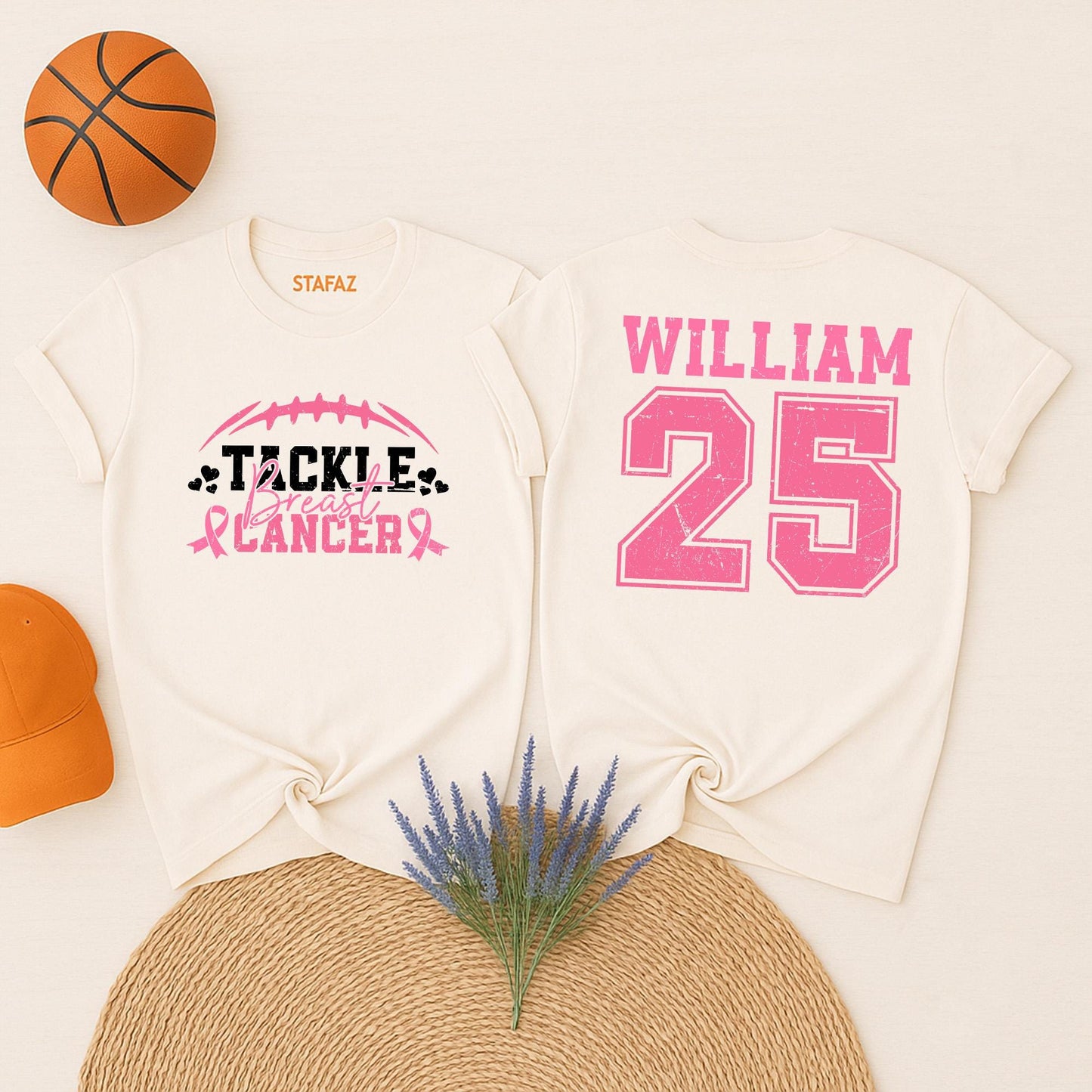 Personalized Name and Number Tackle Breast Cancer Football Awareness Shirt Pink Ribbon William 25 Vintage Style Supporter Warrior Tee Gift