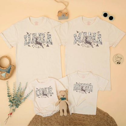 Personalized Hunting Deer First Birthday Matching Family Shirts and Boy Romper Camo Party Outfits for Mom Dad One Year Old Celebration