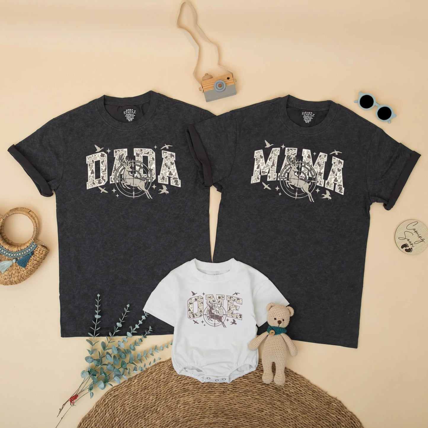 Personalized Hunting Deer First Birthday Matching Family Shirts and Boy Romper Camo Party Outfits for Mom Dad One Year Old Celebration