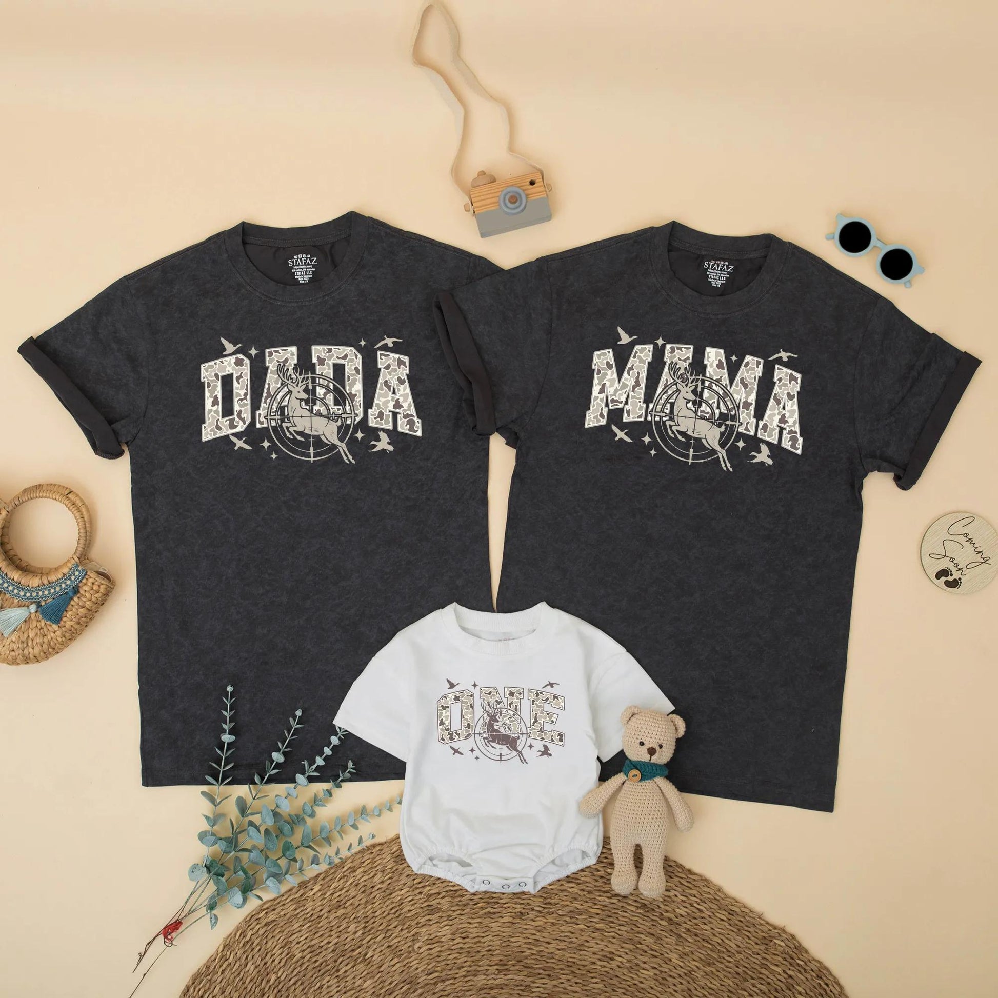 Personalized Hunting Deer First Birthday Matching Family Shirts and Boy Romper Camo Party Outfits for Mom Dad One Year Old Celebration