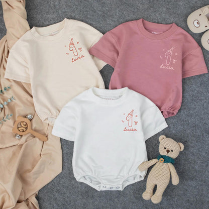 Personalized Lucia's First Birthday Girl Romper with "Girls Just Wanna Be One" Design Infant Outfit Playful Party Celebration Graphics