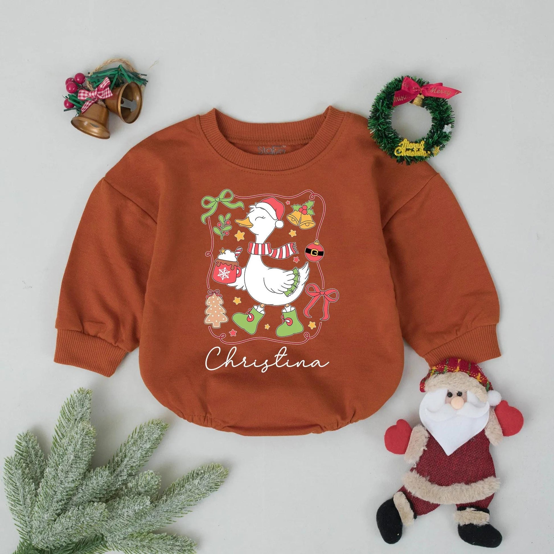 Personalized Goose Christmas Romper: Custom Baby Name Outfit, Festive Santa Hat, Hot Cocoa, & Booties - Whimsical Infant Holiday Clothes & Gift!
