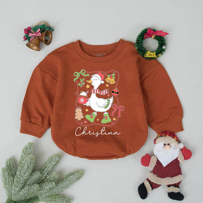 Personalized Goose Christmas Romper: Custom Baby Name Outfit, Festive Santa Hat, Hot Cocoa, & Booties - Whimsical Infant Holiday Clothes & Gift!