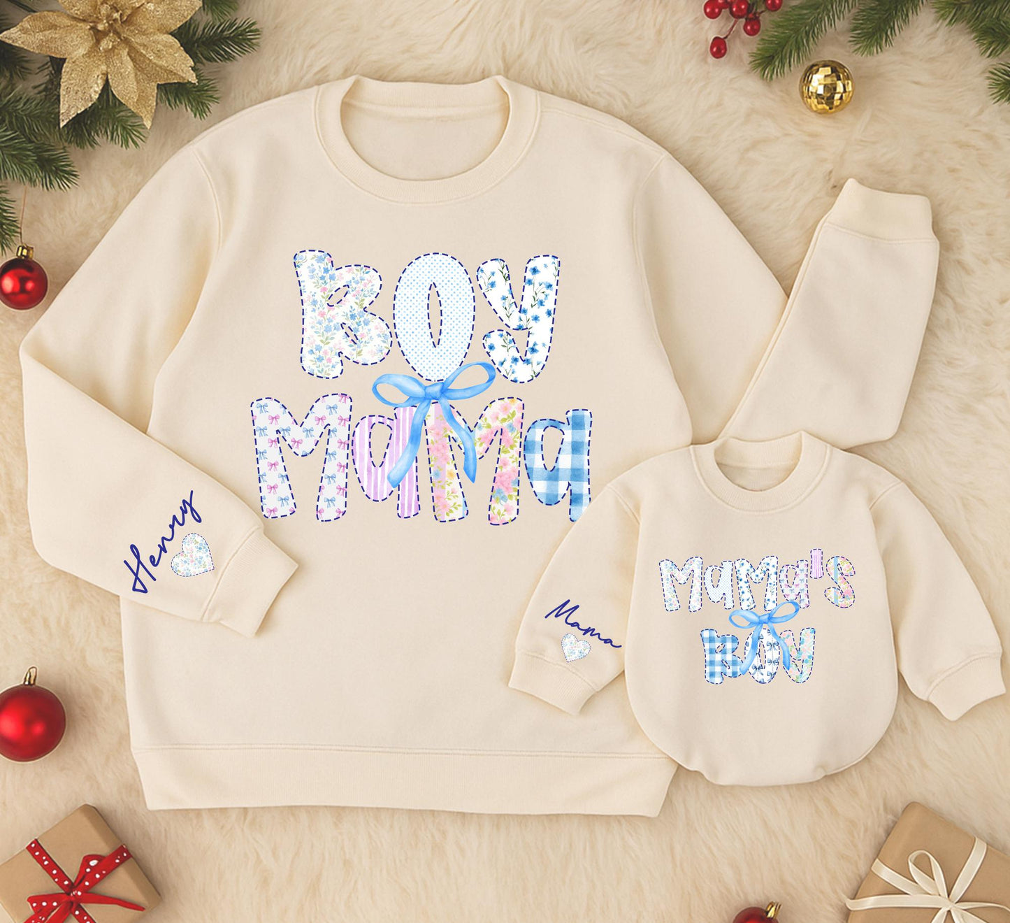 Boy Mama and Mama's Boy Matching Sweatshirts Cute Bow Retro Outfit Winter Sweaters Mommy and Me Clothes Grandmillennial Gift for Mom and Baby Soft Cotton (139)