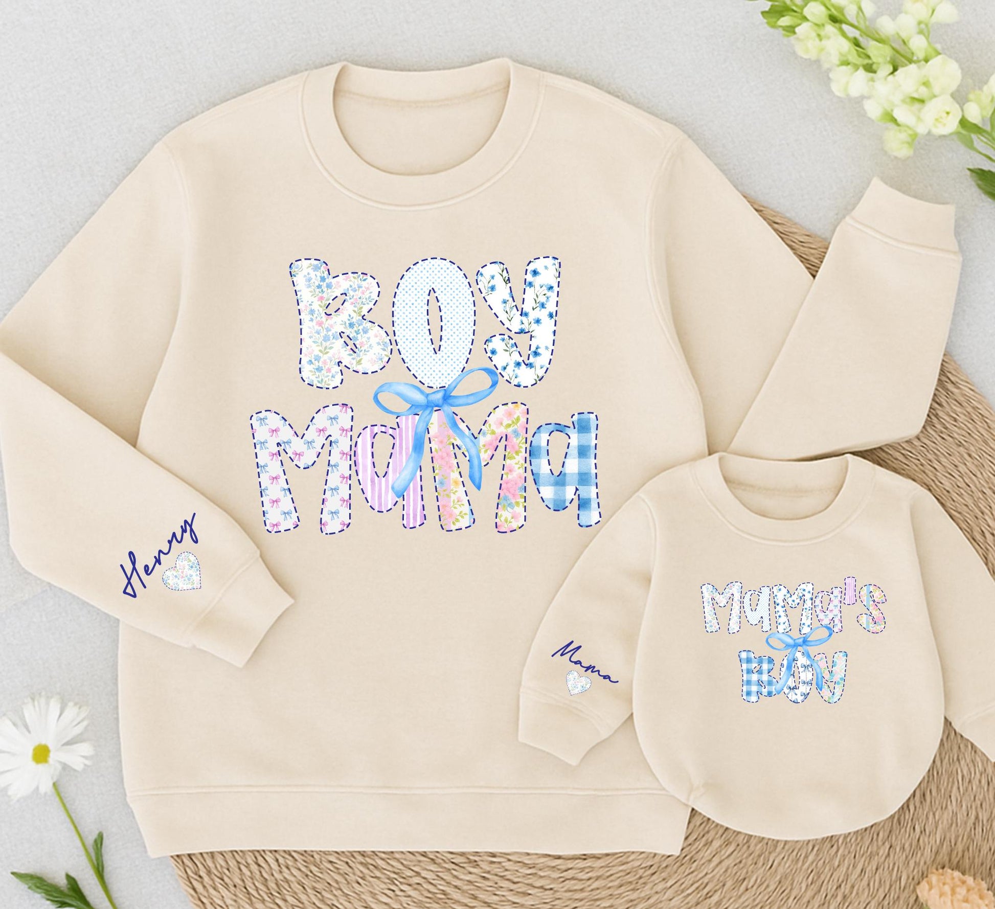 Boy Mama and Mama's Boy Matching Sweatshirts Cute Bow Retro Outfit Winter Sweaters Mommy and Me Clothes Grandmillennial Gift for Mom and Baby Soft Cotton (139)