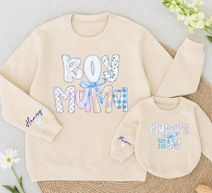 Boy Mama and Mama's Boy Matching Sweatshirts Cute Bow Retro Outfit Winter Sweaters Mommy and Me Clothes Grandmillennial Gift for Mom and Baby Soft Cotton (139)