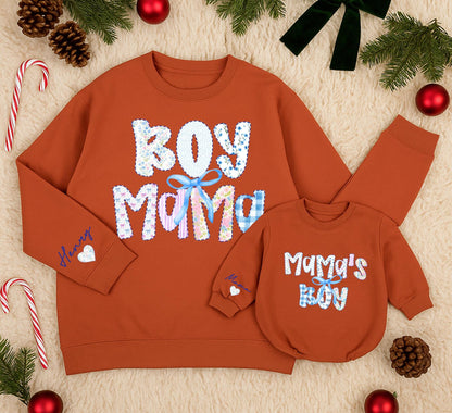 Boy Mama and Mama's Boy Matching Sweatshirts Cute Bow Retro Outfit Winter Sweaters Mommy and Me Clothes Grandmillennial Gift for Mom and Baby Soft Cotton (139)