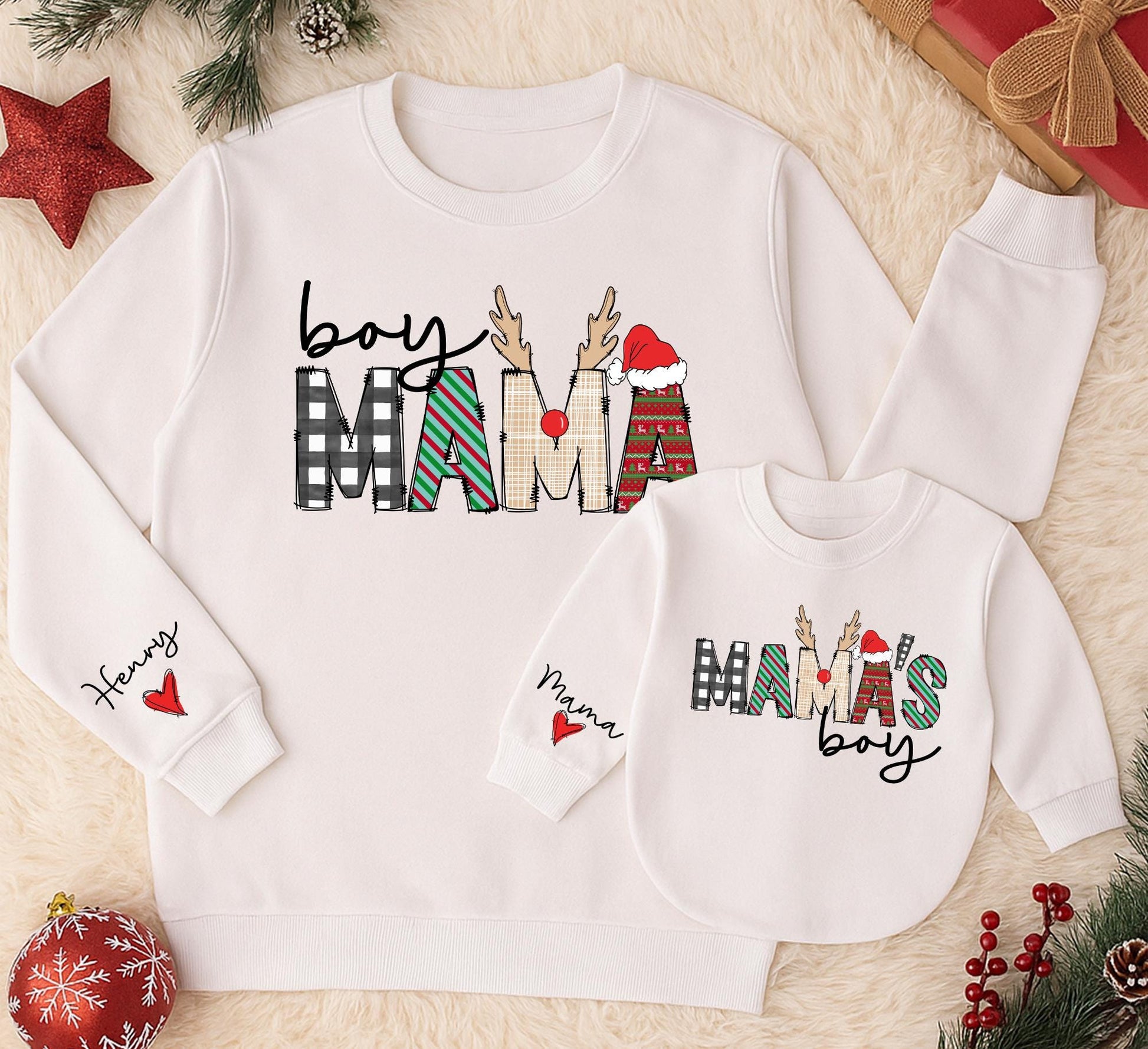 Custom Festive Boy Mama Matching Sweatshirt and Mama's Boy Baby Romper Set featuring Plaid Fair Isle Antlers Santa Hat Christmas Gift for Mom
