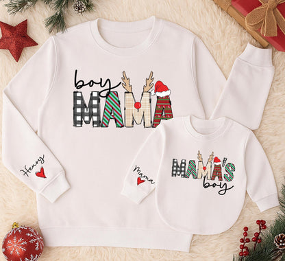 Custom Festive Boy Mama Matching Sweatshirt and Mama's Boy Baby Romper Set featuring Plaid Fair Isle Antlers Santa Hat Christmas Gift for Mom