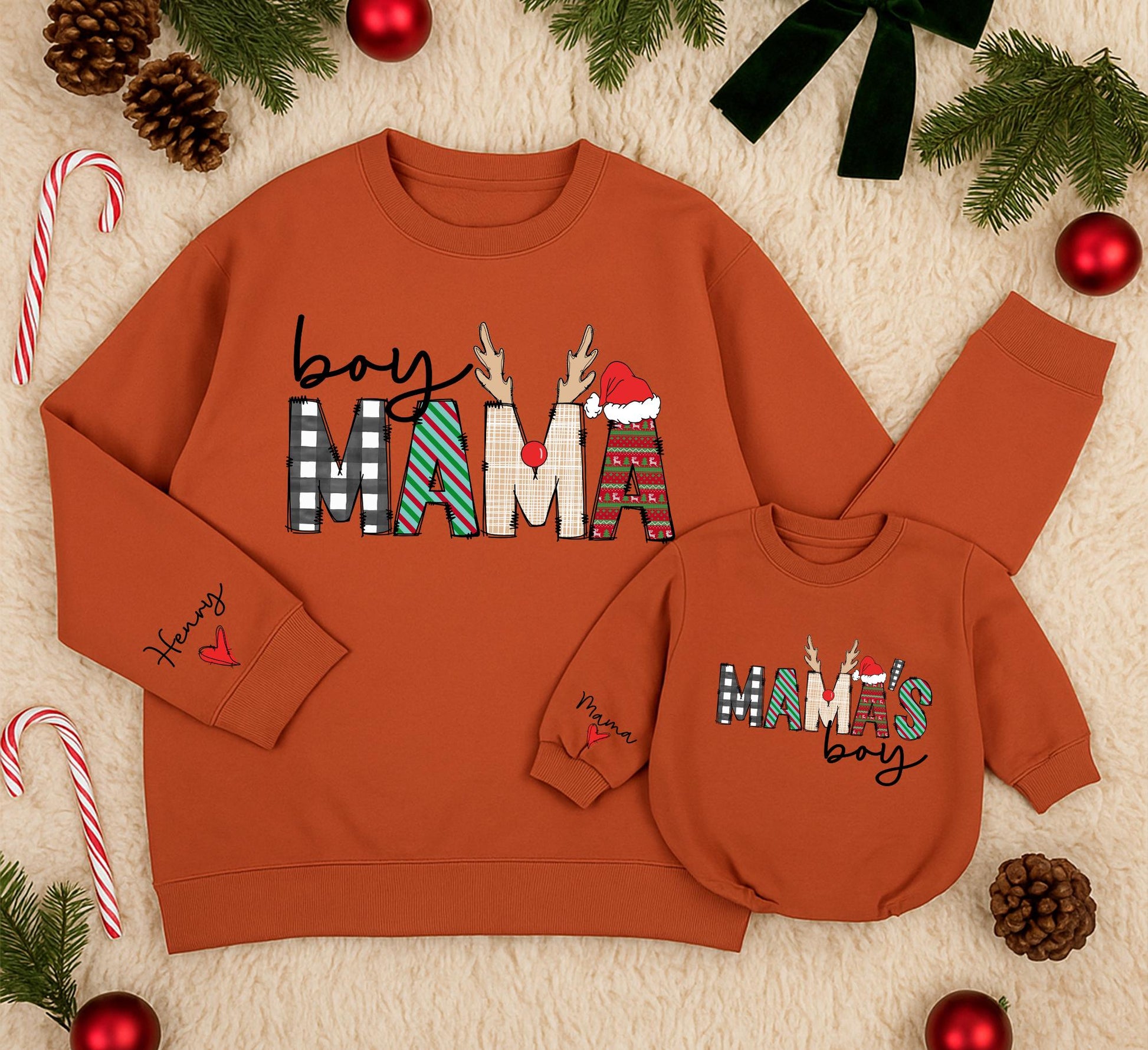 Custom Festive Boy Mama Matching Sweatshirt and Mama's Boy Baby Romper Set featuring Plaid Fair Isle Antlers Santa Hat Christmas Gift for Mom