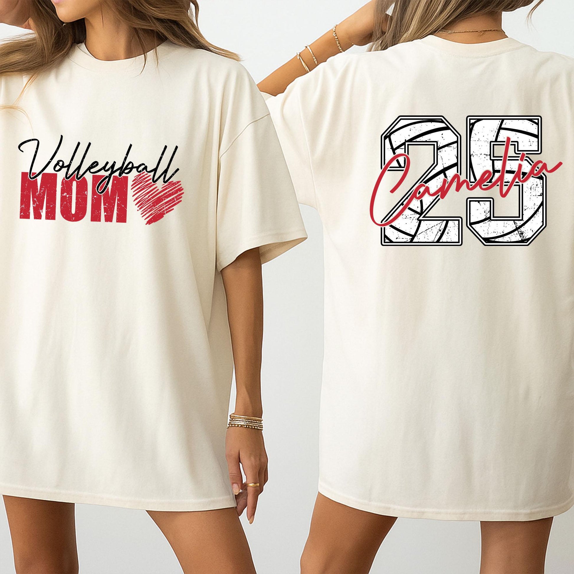 Volleyball Mom Shirt Custom Number 25 Camelia Team Tee, Personalized Name, Game Day Sports Outfit, Volleyball Fan Gift for Women, Red Heart Design