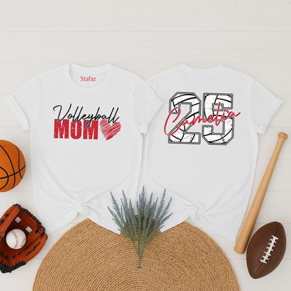 Volleyball Mom Shirt Custom Number 25 Camelia Team Tee, Personalized Name, Game Day Sports Outfit, Volleyball Fan Gift for Women, Red Heart Design