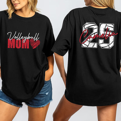 Volleyball Mom Shirt Custom Number 25 Camelia Team Tee, Personalized Name, Game Day Sports Outfit, Volleyball Fan Gift for Women, Red Heart Design