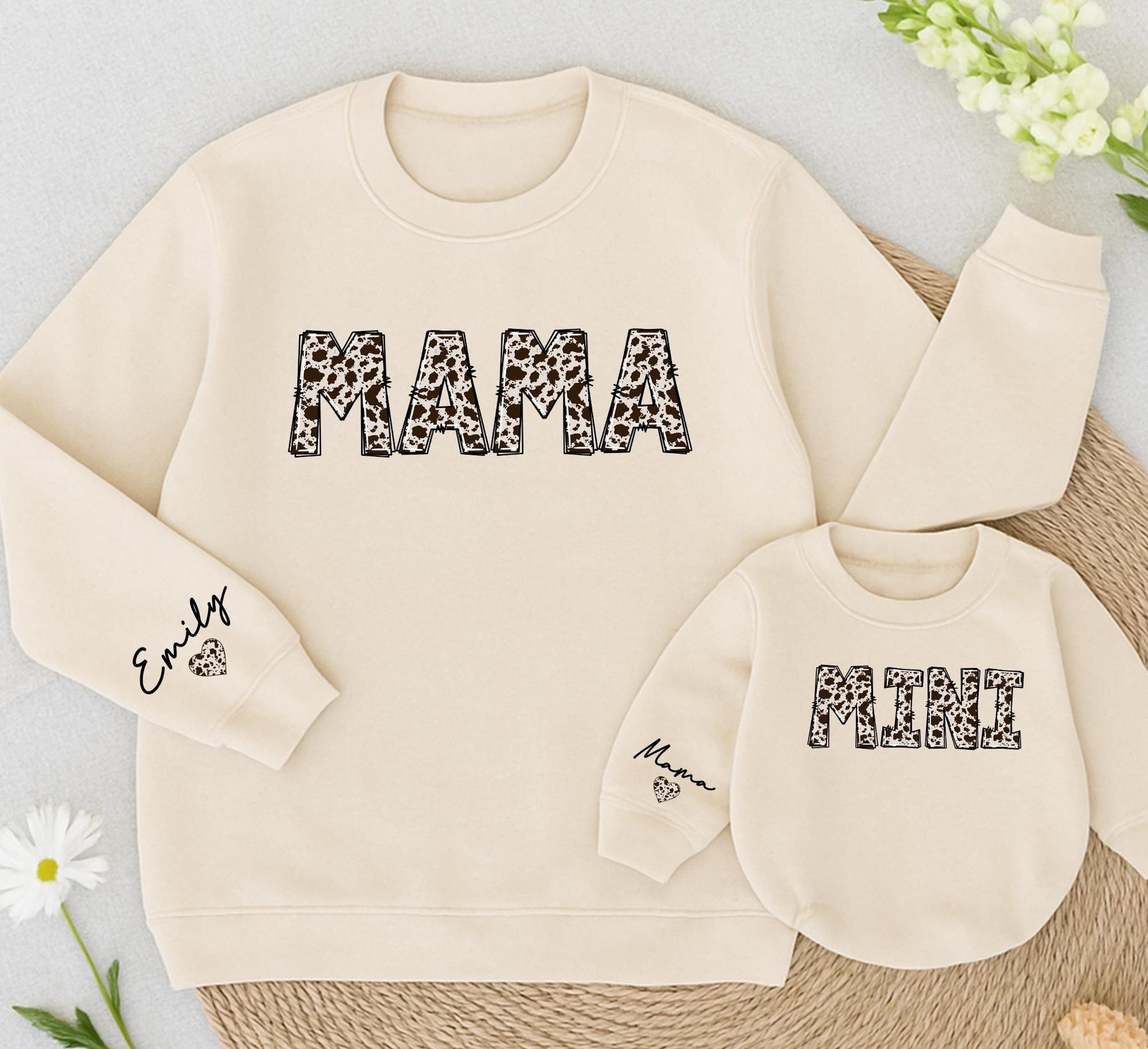 Personalized Mama & Mini Cowhide Sweatshirt Set, Matching Mom & Baby Outfit, Custom Name, Western Christmas Romper, Country Girl Gift Set 138