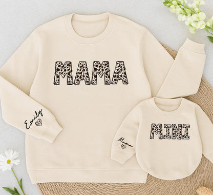 Personalized Mama & Mini Cowhide Sweatshirt Set, Matching Mom & Baby Outfit, Custom Name, Western Christmas Romper, Country Girl Gift Set 138