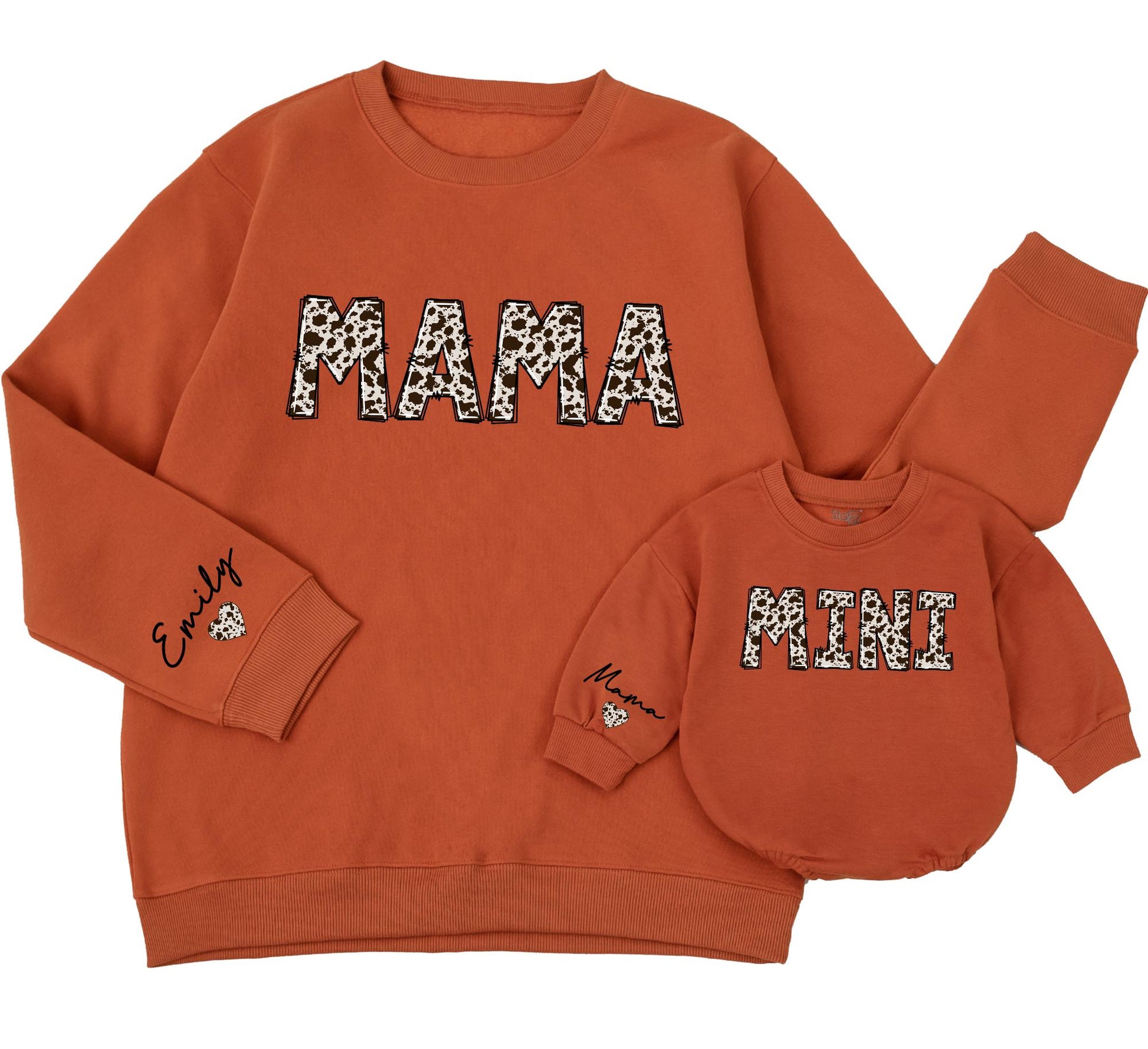 Personalized Mama & Mini Cowhide Sweatshirt Set, Matching Mom & Baby Outfit, Custom Name, Western Christmas Romper, Country Girl Gift Set 138