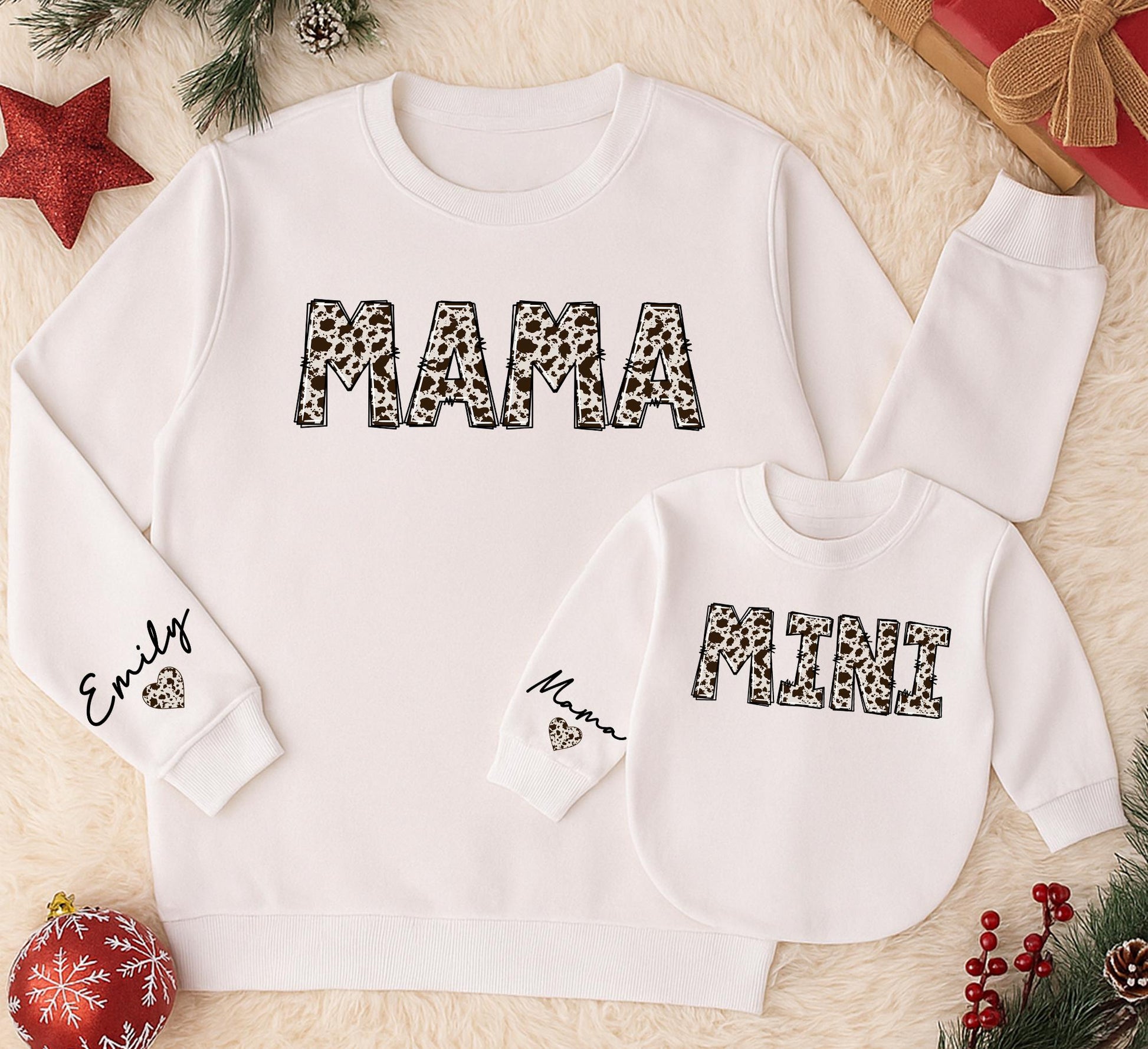 Personalized Mama & Mini Cowhide Sweatshirt Set, Matching Mom & Baby Outfit, Custom Name, Western Christmas Romper, Country Girl Gift Set 138