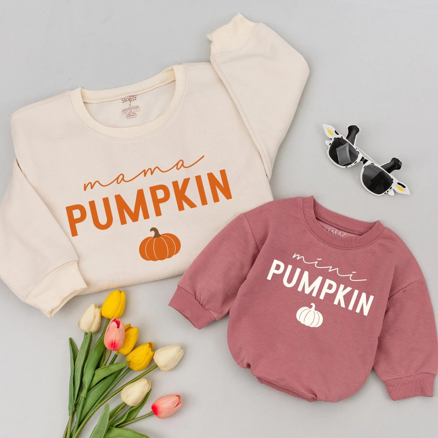 Mama and Mini Pumpkin Matching Sweatshirts Fall Outfit Cute Baby Shower Gift Simple Autumn Design Mom Daughter Son Apparel