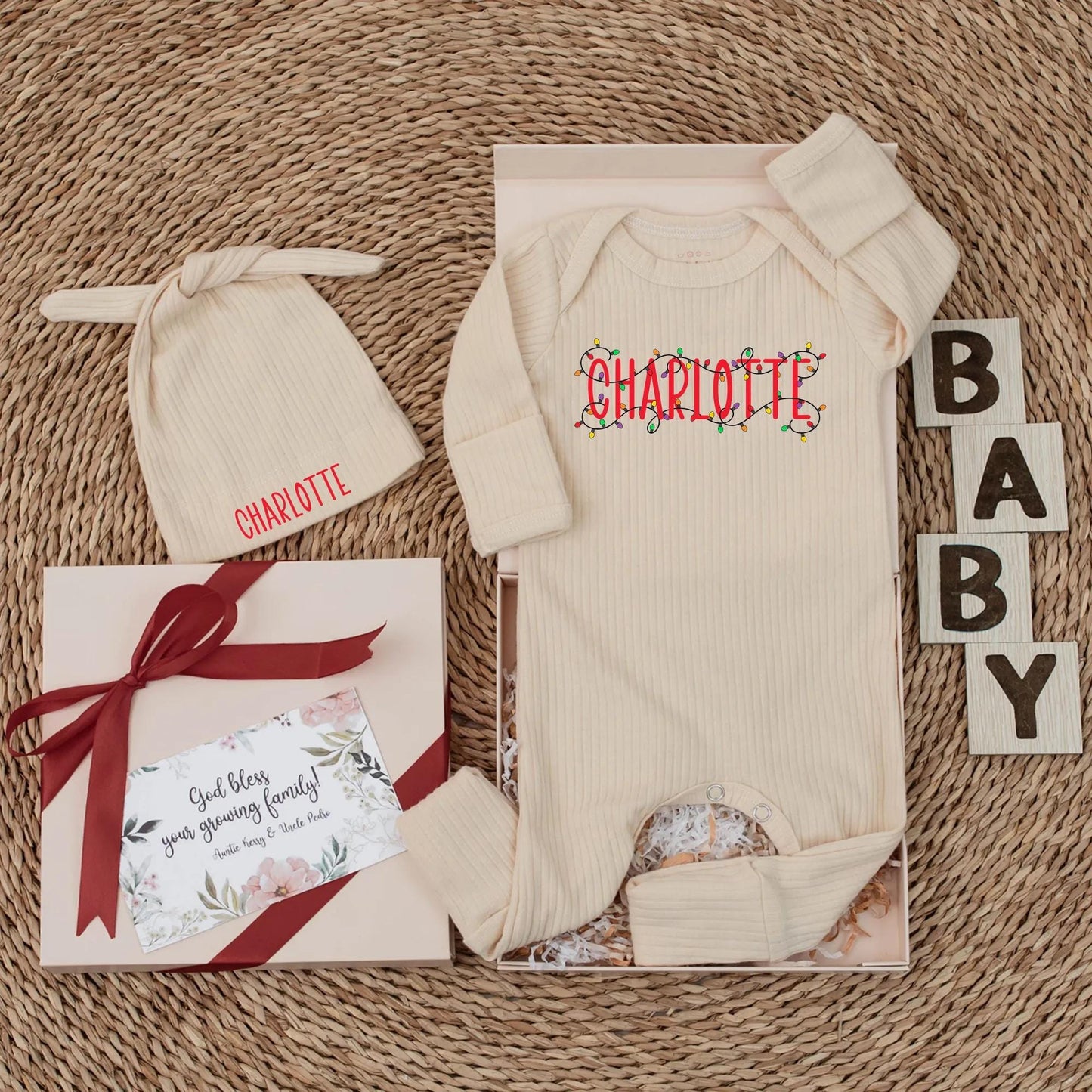 Personalized Charlotte Christmas Lights Baby Bodysuit Custom Name Newborn Holiday Outfit Festive Xmas Baby Shower Gift Coming Home Romper