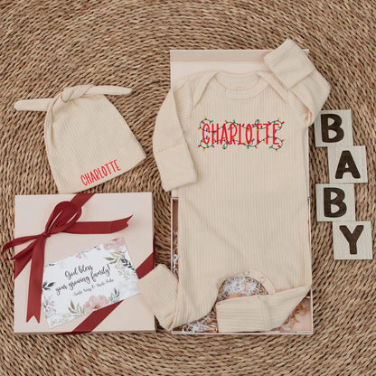 Personalized Charlotte Christmas Lights Baby Bodysuit Custom Name Newborn Holiday Outfit Festive Xmas Baby Shower Gift Coming Home Romper