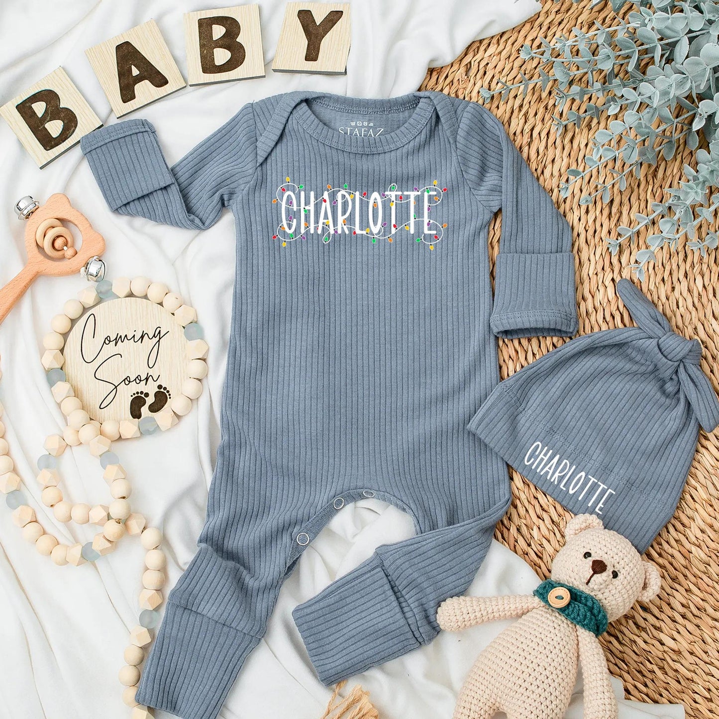 Personalized Charlotte Christmas Lights Baby Bodysuit Custom Name Newborn Holiday Outfit Festive Xmas Baby Shower Gift Coming Home Romper