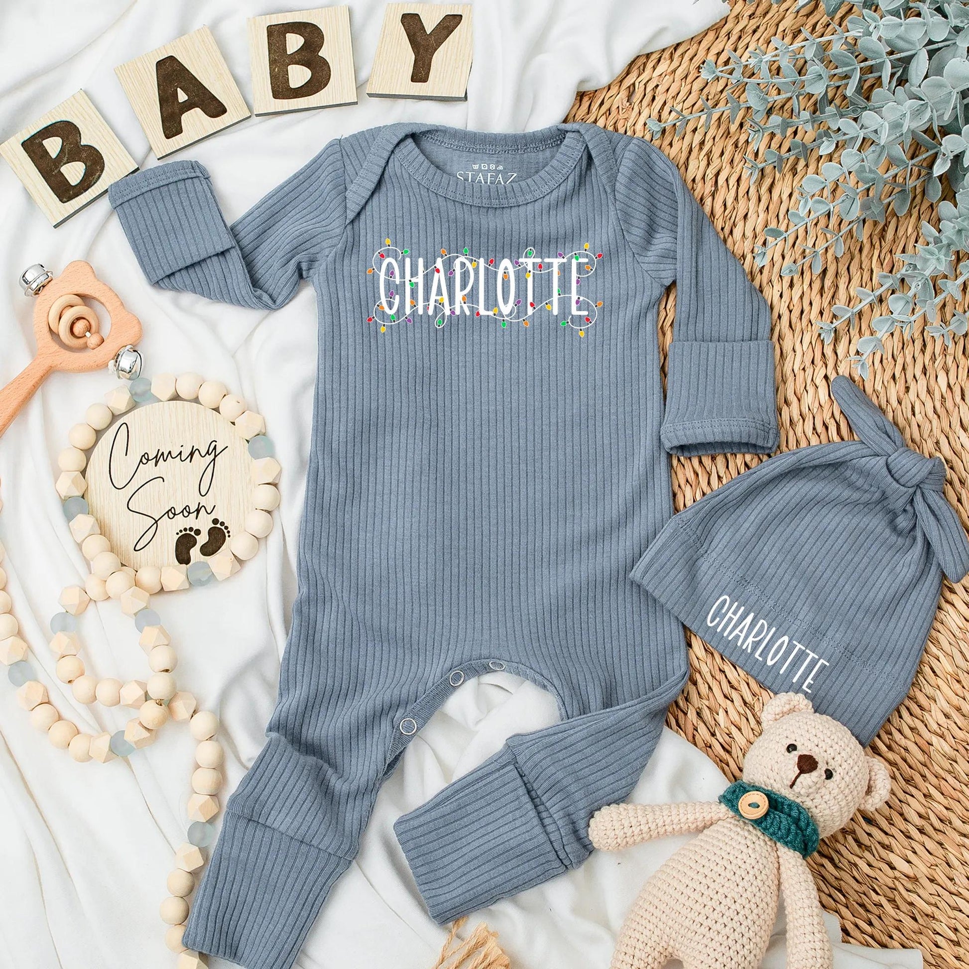 Personalized Charlotte Christmas Lights Baby Bodysuit Custom Name Newborn Holiday Outfit Festive Xmas Baby Shower Gift Coming Home Romper
