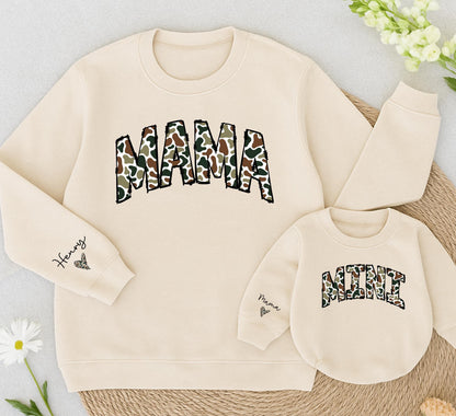 Personalized Camouflage Mama Mini Matching Sweatshirt and Romper Outfit Mom Baby Girl Varsity Cozy Cotton Blend New Mom Gift Set