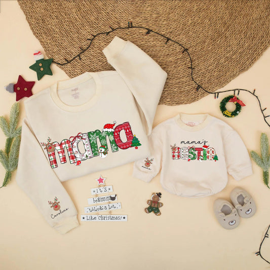 Custom Christmas Mama & Bestie Plaid Matching Holiday Sweatshirts Cozy Mom Daughter Festive Winter Crewneck with Personalized Reindeer Sleeve